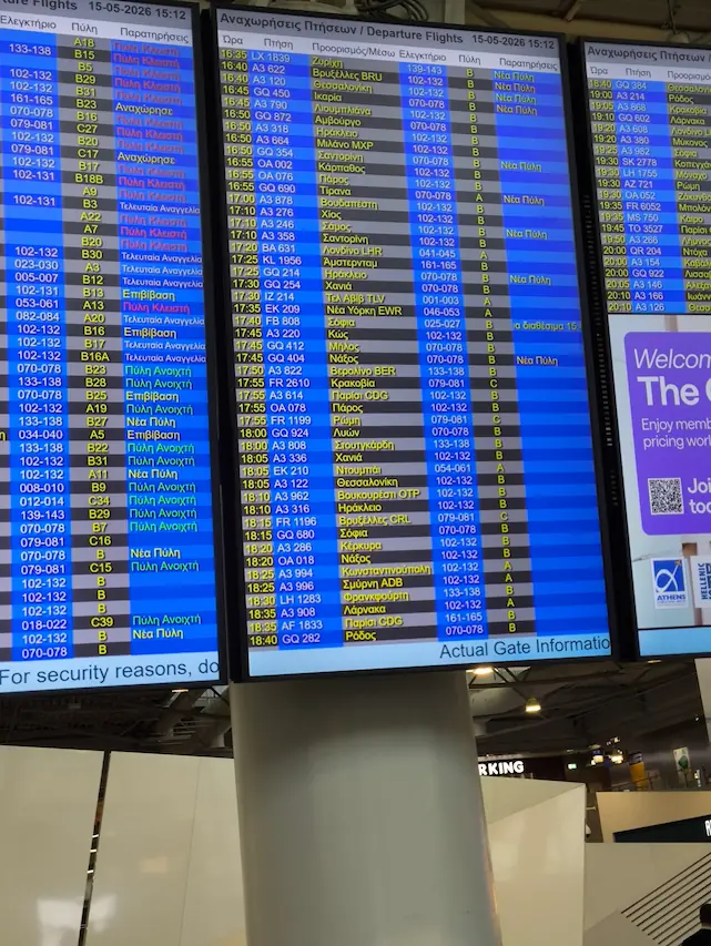 Monitor showing boarding times and gates at the airport